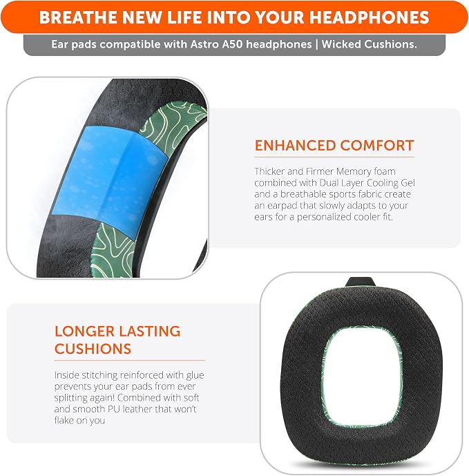 WC Freeze A50 - Cooling Gel Replacement Earpads for Astro A50 Gen 4, Gen 5 and A50X Only, Made by Wicked Cushions, Improved Durability, Thickness and Sound Isolation | Emerald Tide