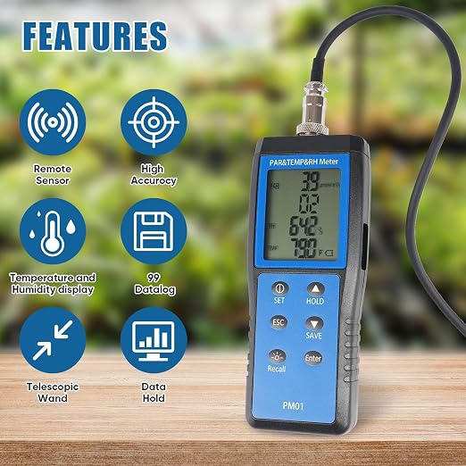 Quantum PAR Meter with 36 inch Telescopic Wand for LED Testing in Grow Room | 400-700nm Wavelengths Range, Temperature and Humidity Display, PPFD Meter for Easy Testing in Tent, Room, Greenhouse
