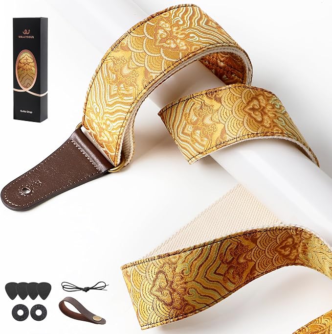 Guitar Strap, Electric& Acoustic Bass Guitar Straps,Embroidered Filament with Head Cowhide Leather Strap, with Free Strap Button,2 Guitar Strap Locks，4Guitar Pick (Gold Water Pattern)