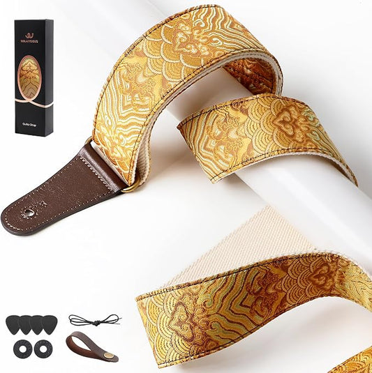 Guitar Strap, Electric& Acoustic Bass Guitar Straps,Embroidered Filament with Head Cowhide Leather Strap, with Free Strap Button,2 Guitar Strap Locks，4Guitar Pick (Gold Water Pattern)