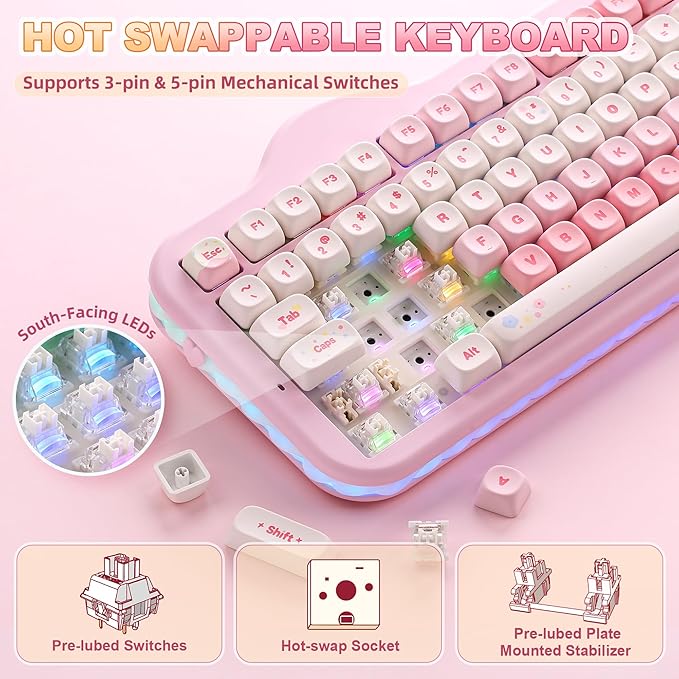 YUNZII C98 Wireless Mechanical Keyboard with Number Pad,99 Key BT5.0/2.4G/USB-C Hot Swap Gasket Mount with PBT MOA Keycaps,Custom RGB,Cute Cake Keyboard for Win/Mac (Pink, Milk V2 Linear Switch)