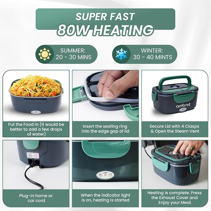 80W Electric Lunch Box for Adults - Heated Lunch Box & Portable Food Warmer with 1.5L Stainless Steel Container | 12V/24V/110-220V Lonchera Eléctrica Portátil for Car, Truck & Office - Green