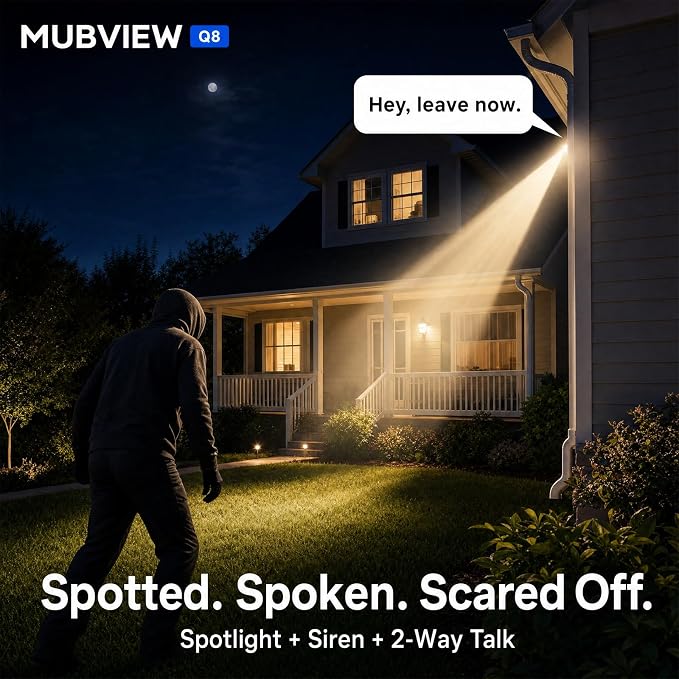 MUBVIEW 24/7 Continuous Recording Wireless Outdoor Security Camera, 2.4G WiFi, 2K Solar Powered, 360° PTZ, Auto Tracking, SD Included, Optional Cloud Storage, AI Detection, Night Vision, IP 65(1 Pack)