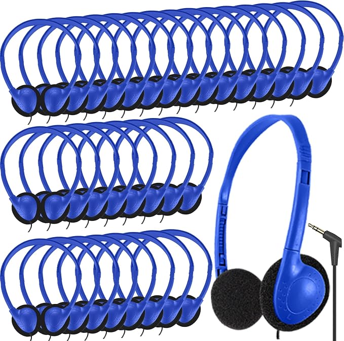 50 Pack Bulk Headphones for Classroom Kids Student School, Wired On-Ear Headphones for Chromebook Laptop Computer, Bulk Wholesale, HQ Stereo Sound 3.5mm Jack(Blue)
