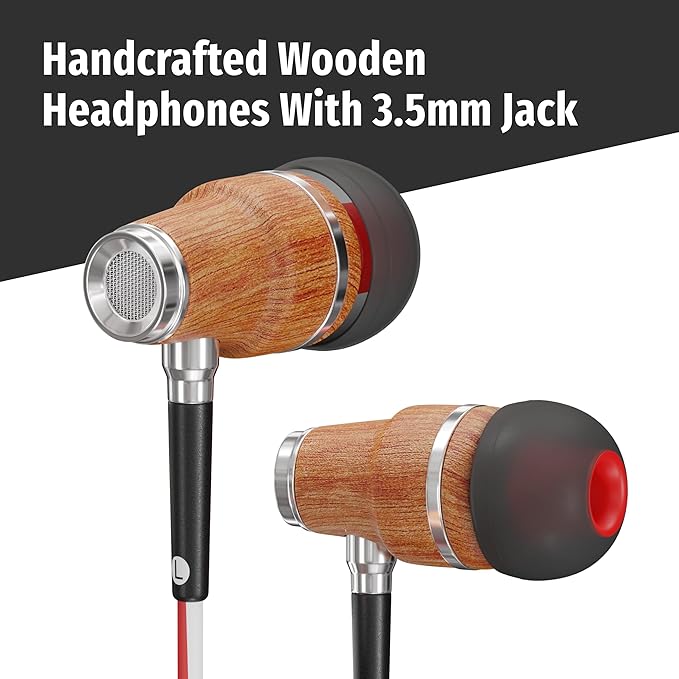 Symphonized Wired Earbuds 3.5mm Jack – Wooden Earphones with Mic & Volume Control, Plug In Ear Headphones Wire, Corded Ear Buds Wired Earbuds with Microphone for Computer, Laptop & Phone with Aux Cord