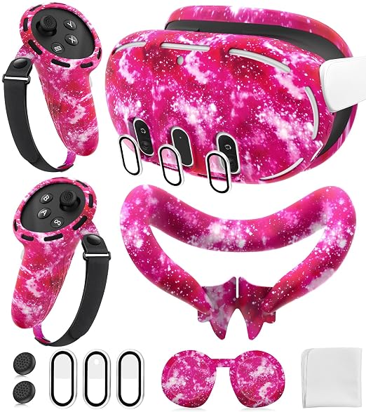Silicone Cover Set Compatible with Meta/Oculus Quest 3 Accessories, Controller Grips, VR Shell Cover, Facial Interface Cover, Protective Lens Cover, Tempered Glass Lens Caps, Not Fit Quest 3S