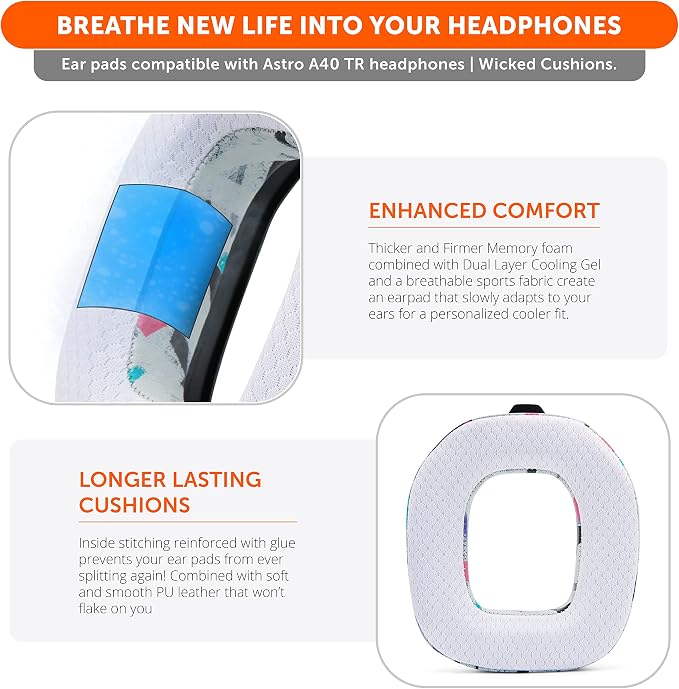 WC Freeze A40- Hybrid Fabric Cooling Gel Replacement Earpads for Astro A40 TR Only, Made by Wicked Cushions, Improved Durability, Thickness and Sound Isolation | 90's White