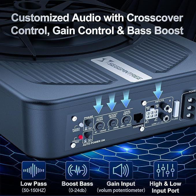 1000w Slim Under Seat Subwoofers with Amp,Car Subwoofer amp with Ambient Light,3.2" Height Amplified Subs High/Low Level Input for Car/Truck Audio,Powered Subwoofer and Amp Package Wire Kit Deep Bass