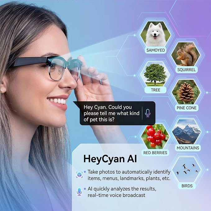AI Smart Camera Glasses, 1080P HD POV Video Recording and Translator, Object Recognition, Bluetooth Audio for Music Calls, 290mAh Battery, Photochromic Lenses for Vlog, Travel and Work