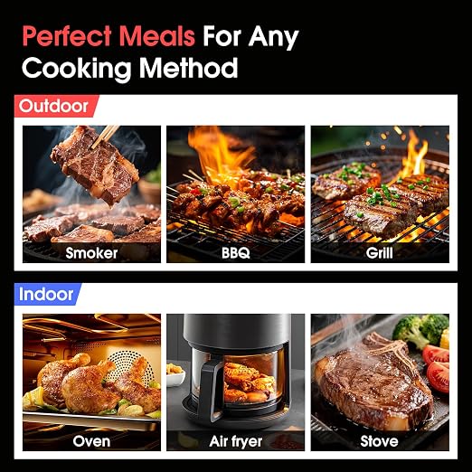 BBQOVN Smart WiFi Wireless Meat Thermometer, Sub-1G Long Range 1000FT, 7 NIST Certified Sensors in 1 Thinner Probe ±0.5℉ Accuracy, Standalone Base with App, IP68 Waterproof for BBQ Grill Smoker Oven