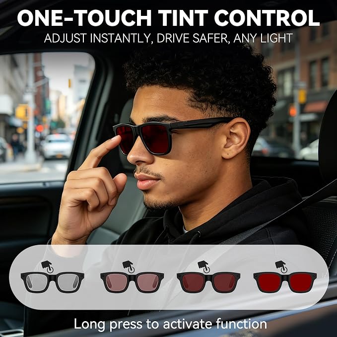 2026 Smart Audio Glasses with Electrochromic Lenses, Adjustable Tint Sunglasses for Driving,Travel,Daily Use,Open Ear Bluetooth 5.4, AI Translation, Premium Tech Gadget Gift for Men Women