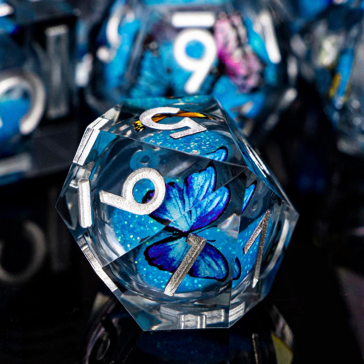 Butterfly DND Dice Blue-Black Liquid Core Dice Set with Metal Box, Handmade Sharp Edge D and D Polyhedral Dice for use with D&D Role Playing Game, D20 D12 D10 D8 D6