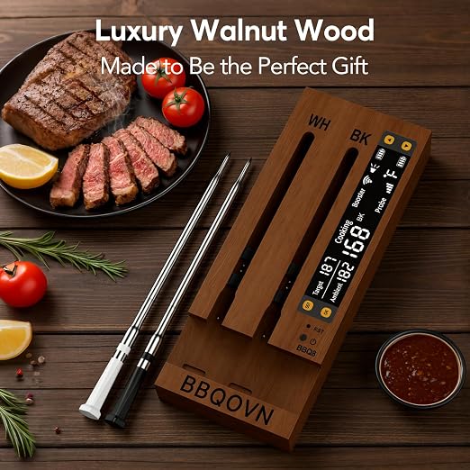 BBQOVN (Luxury Walnut Wood) WiFi Sub-1G Wireless Meat Thermometer Unlimited Range 7 NIST Certified Sensors with Ambient Temp 2 Temp Monitoring Ways Digital Smart Base and App for Smoker, Grill, Oven
