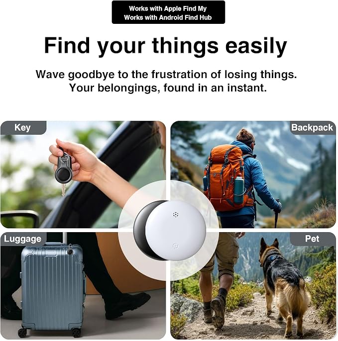 Bluetooth Tracker Works with Apple Find My & Android Find Hub – Key Finder for Keys & Pet Collar, No Monthly Fee, Loud Alarm, Replaceable Battery(2 Pack, White)