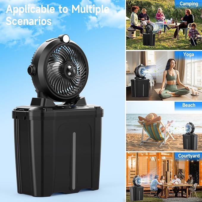 Portable Misting Fan with 11L Bucket & 20000mAh Battery，Rechargeable Battery Powered Fans for Patios with Night Light, 3 Wind Speed & 3 Spray Mister Camping Outdoor Fans, Waterproof Design
