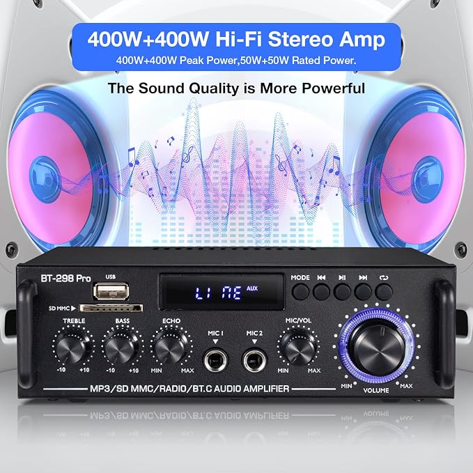 Facmogu BT-298 Pro Home Audio Amplifier, Bluetooth 5.0 Receiver Home Stereo Receiver, Max 400Wx2 RMS 50Wx2 HiFi Sound Audio System Wireless Power Amplifier, MIC in w/Echo, Bass & Treble w/USB/RCA/FM