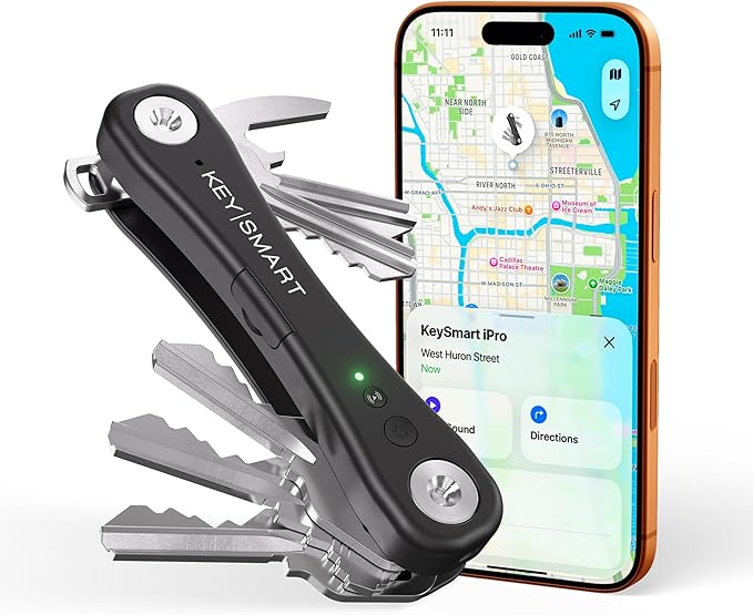 KeySmart iPro - Key Finder Locator with Sound, Keychain Key Holder, Apple Find My App Compatible, Key Organizer, Compact Clutter-Free Key Chain Tracker, Rechargeable Battery (Up to 14 Keys, Black)