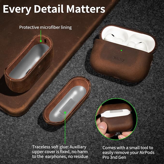 Belemay Handcrafted Crazy Horse Leather Case for AirPods Pro 3rd Gen (2025), Vintage Aesthetic, Two-Tone Effect, Unique Patina, Compatible with MagSafe, Compatible with Airpods Pro 3, Rustic Brown