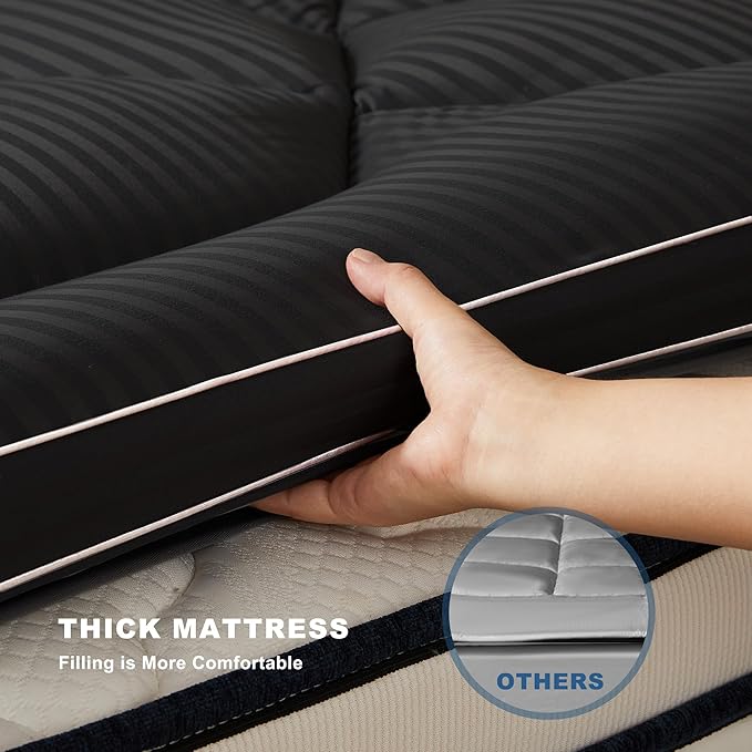 BEDLORE Full Mattress Topper, Thick Pillow Top Pad for Back Pain Relief, Soft Mattress Cover with Deep Pockets 6-15 inch（Black）