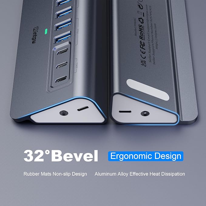 Powered USB Hub 10Gbps, intpw YH6AC 9-Port USB HUB with 10Gbps USB A/USB C 3.2, 4 USB 3.0, 2 PD 45W Charging Port, 65W Power Adapter + 5FT Cable, Aluminum USB Hub for Laptop, PC,iPhone 17/16