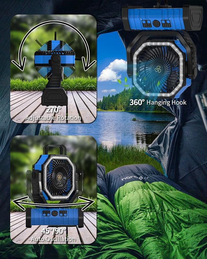ADUST Camping Fan Battery Operated Powered Fan with LED Lantern Light 20000mAh Rechargeable Portable Oscillating, 360° Rotation Hanging Hook for Tents, Cordless USB Desk Fan(Blue)