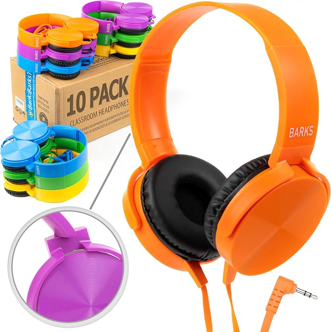 Barks Classroom Headphones Bulk 10 Pack (Select Color, On-Ear, Wired 3.5mm) | Durable Everyday Student Use, Colorful Class Set, Tangle-Free Cords, Adjustable Fit All-Day Comfort, Easy Clean, K-12 Schools
