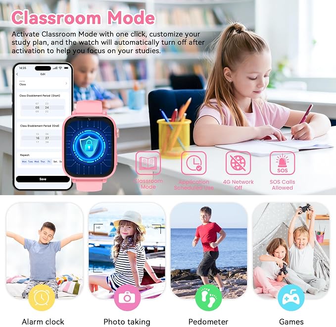 4G Kids Smart Watch Phone GPS, Smartwatch for Boys Girls Ages 4-12 Years with Video Call Chat Class Mode SOS Camera Alarm Games Parental App Touch Watch Gifts for Children (Includes SIM Card) Pink