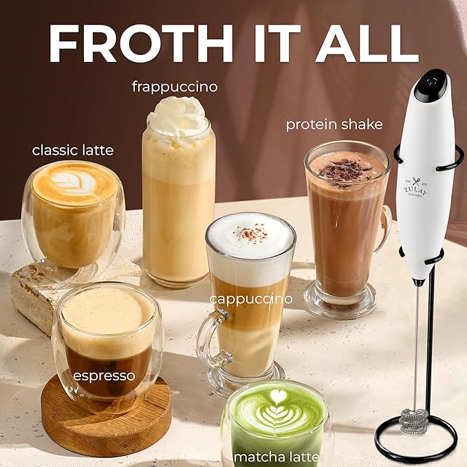 Zulay Kitchen Powerful Milk Frother Wand With Duracell Batteries - Ultra Fast Handheld Drink Mixer - Electric Whisk Foam Maker for Coffee, Lattes, Cappuccino & Matcha - Triple Whisk - White & Black