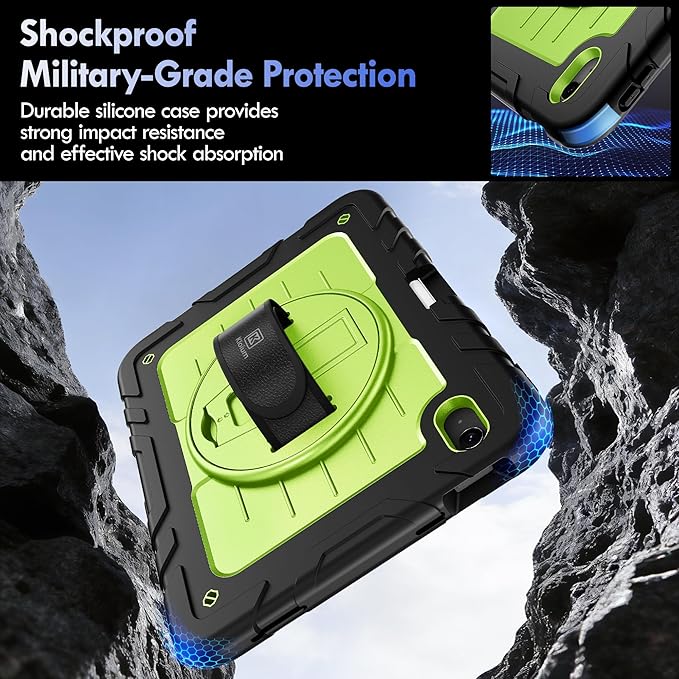 Case for iPad A16 (2025) 11th/10th Gen (11″/10.9″, 2022), Heavy Duty Shockproof Full-Body Cover with Pencil Holder, 2-in-1 Hand/Shoulder Strap, 360° Rotating Kickstand (Black+Green)