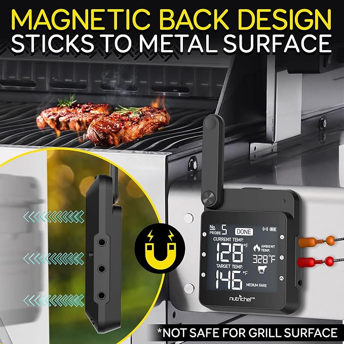 NutriChef Smart BBQ Thermometer - Rechargeable Dual Probe System with WiFi & Bluetooth for Precise Grilling, Easy-to-Read Digital Display, Compatible with Any Smartphone for Outdoor Barbecue & Smoker