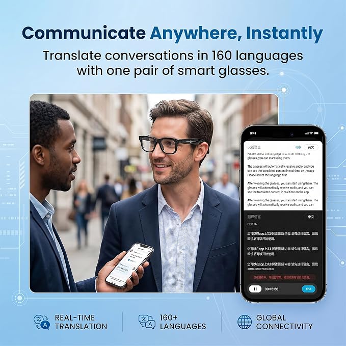 AI Smart Camera Glasses, 1080P HD POV Video Recording and Translator, Object Recognition, Bluetooth Audio for Music Calls, 290mAh Battery, Photochromic Lenses for Vlog, Travel and Work