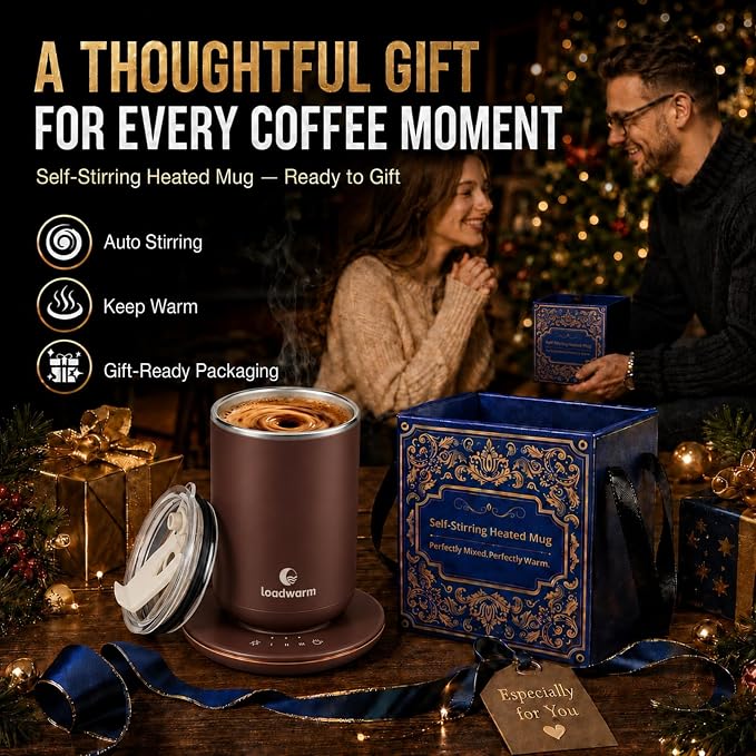 Self Heated Stirring Coffee Mug, 10oz Auto Mixing Cup with Warmer, Brown | 3 temp settings, food-grade stainless steel interior, 8-hour auto shut-off, plug-in desk mug with Warmer for office home