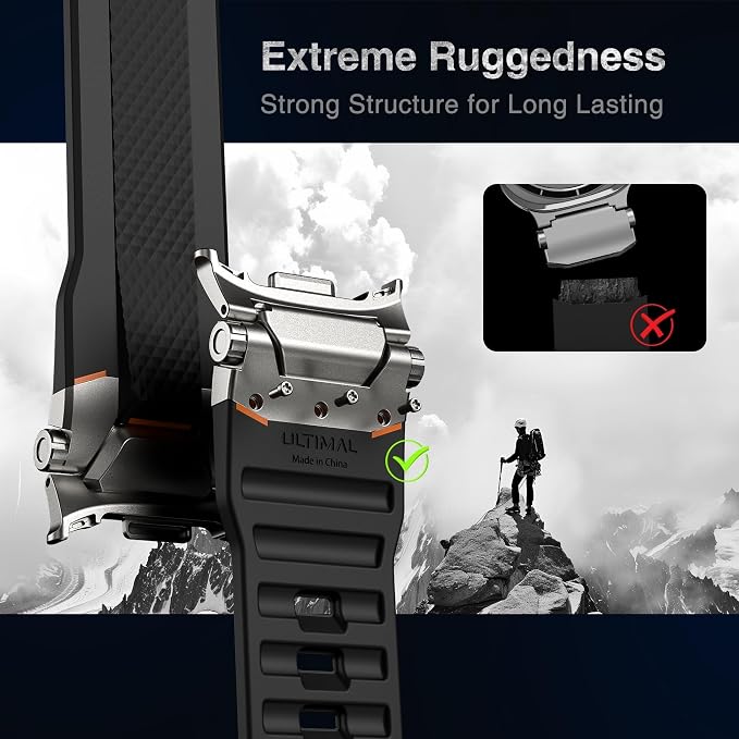 ULTIMAL Rugged TPU Sport Band ONLY for Samsung Galaxy Watch 8 Classic & Galaxy Watch 8 (40/44/46mm), Replacement Strap with Secure Connector, Waterproof Sweat-Resistant, Fit 6.2”-8.9”(Black+Silver)