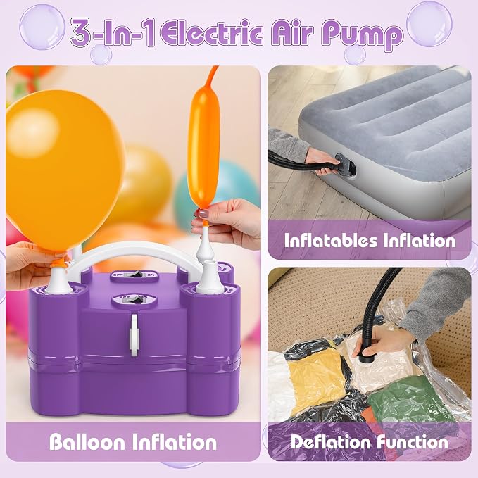 Balloon Pump, Triple Inflating Ports for 260q Foil Latex Mylar Balloon, 3-in-1 Electric Air Pump for Inflatables and Balloons, Inflator Deflator for Swimming Rings Air Mattress Pool Floats