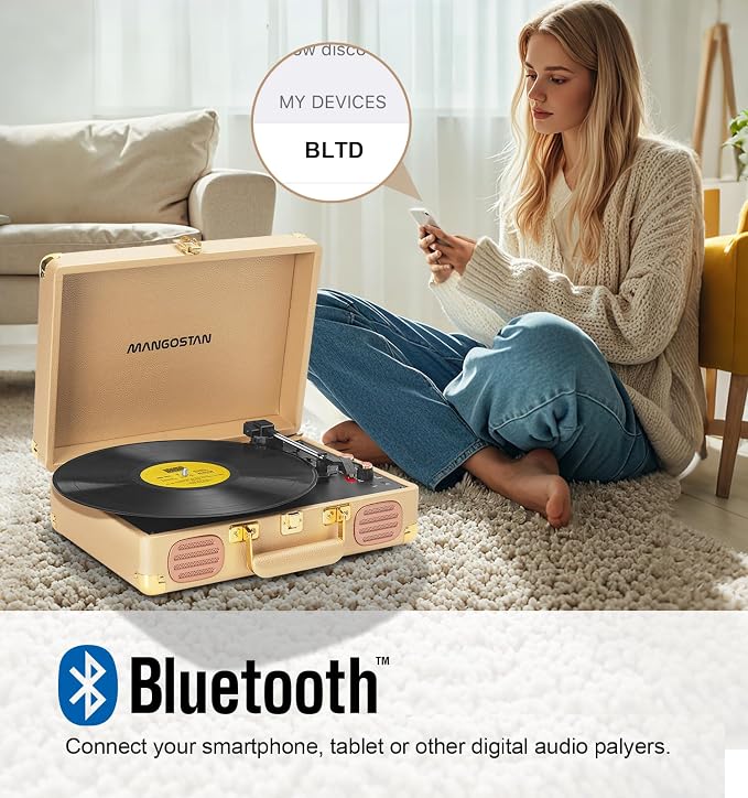Record Player 3 Speed Bluetooth Portable Suitcase, Vinyl Phonograph with Built-in Bass & Speakers, Belt-Driven LP Player Support AUX-in RCA Line Out Headphone Jack, Champagne Gold