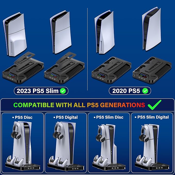 Cooling Station Console for Playstation PS5/Slim/Pro, Stand with Controller Charging Station for Playstation Console Playstation 5 Slim&Standard Disc/Digital Console, Cooler Accessories for PS5 Incl Cooling Fan/3 USB Hubs