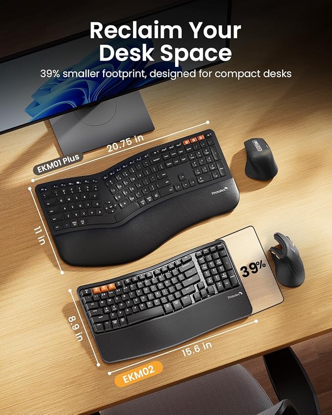 ProtoArc EKM02 Wave Keys Ergonomic Wireless Keyboard and Mouse, Bluetooth Keyboard with EM11 NL Ergonomic Vertical Mouse, Cushioned Palm Rest, Multi-Device, Rechargeable, for Windows, Mac - Black