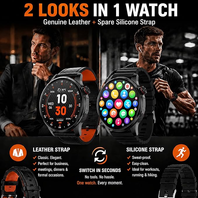 Smart Watch for Men with GPS Offline Maps, 1.46"AI Smartwatch, BT Call/Text Reply, Heart Rate/ Sleep Monitor/Health Analysis, 100+ Sports, 5ATM Waterproof Fitness Tracker for Android iOS – 2 Bands