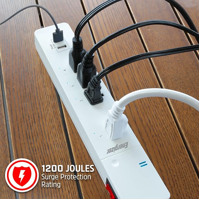 Energizer Smart Wi-Fi 4 Outlet 2 USB Power Strip, 1,200 Joules, Powers 4 Separate Items, Charge Compatible Devices, Compatible with Alexa/Siri/Google Assistant