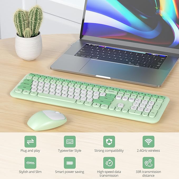 Wireless Typewriter Keyboard and Mouse Combo Retro 104 Key Full Size Office Set Green with Silent Round Keycaps,Ideal for Laptop and Desktop PCs, Cute Design Keyboard (Green White)