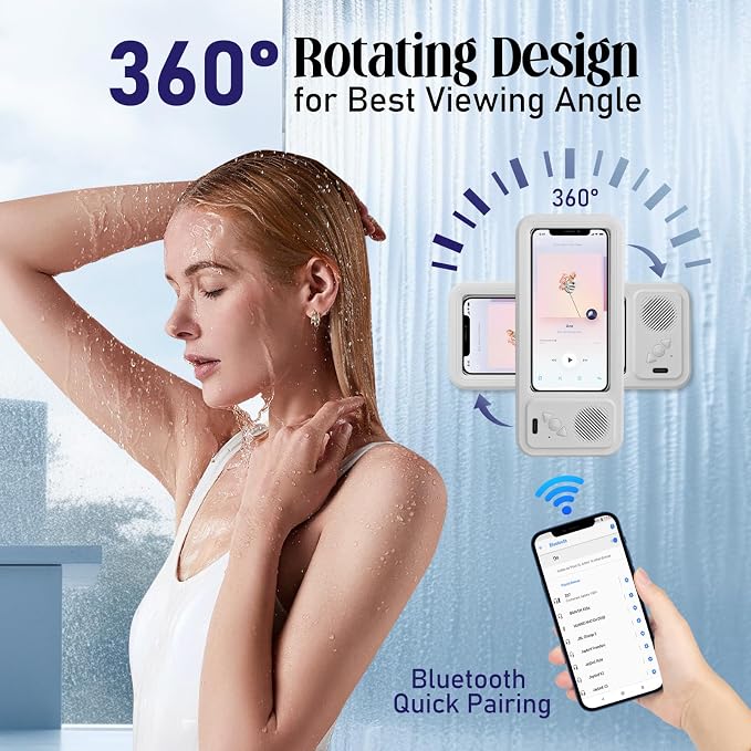 Shower Phone Holder with Wireless Bluetooth Speaker, Waterproof 480 Rotation Viewable Shower Phone Stand Case Mount Speakers for Bathroom Wall Mirro for 4"- 6.8" Cell Phones ,Gift for Mom(White)
