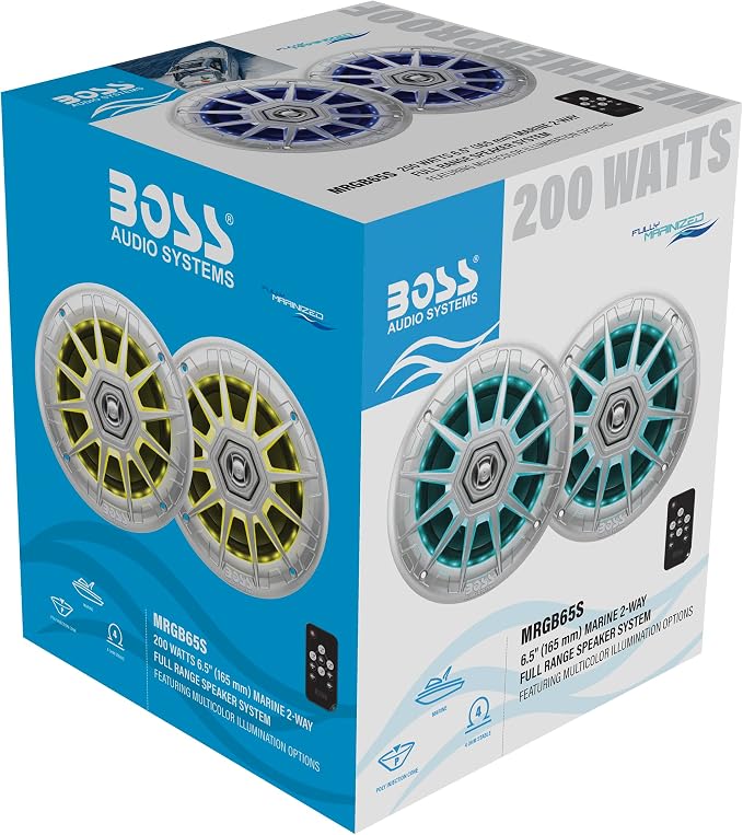BOSS Audio Systems MRGB65S 6.5 Inch Marine Boat Stereo Speakers - 200 Watts Max (per pair), Coaxial, 2 Way, Full Range, 4 Ohms, Weatherproof, Multi-Color Illumination, Sold In Pairs