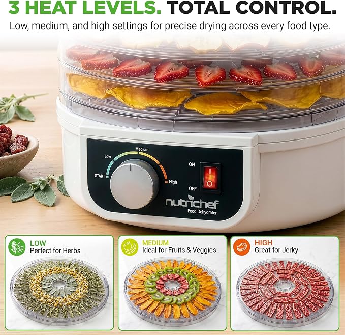 NutriChef Electric Countertop Food Dehydrator - Multi-Tier High-Heat Circulation Professional Food Preserver, Fruit, Vegetable Dryer, Meat or Beef Jerky Maker w/ 5 Stackable Trays - AZPKFD12