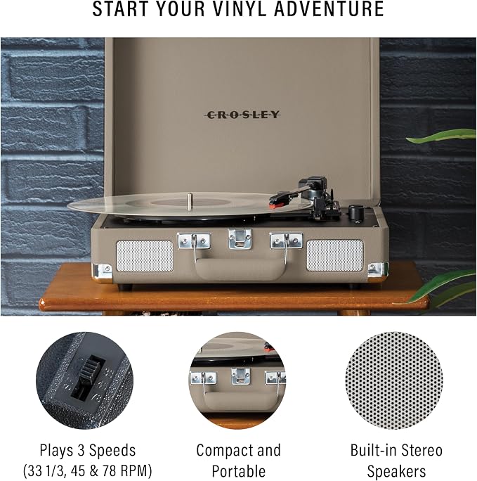 Crosley CR8005F-TE Cruiser Plus Vintage 3-Speed Bluetooth in/Out Suitcase Vinyl Record Player Turntable, Taupe