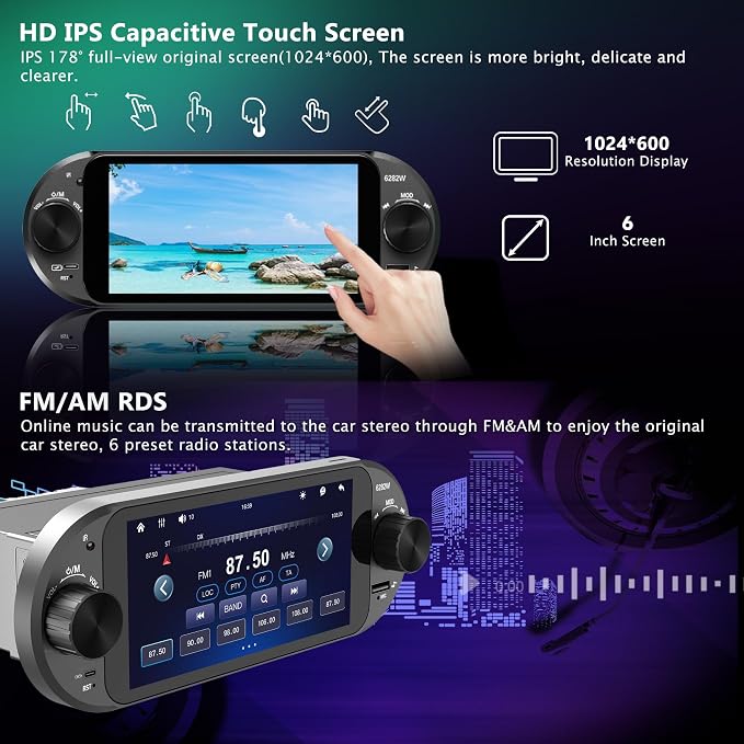 6" Single Din Touchscreen Car Stereo with Wireless Apple CarPlay & Android Auto,Dual Knobs,Bluetooth 5.2, FM/AM,EQ, USB,Type-C Fast Charging,8-LED Night Vision Backup Camera,Carplay Screen for Car