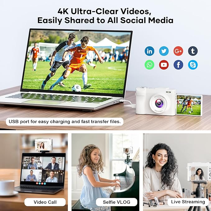 4K Digital Camera for Photography, Small Vlogging Camera with Flip Screen for YouTube, 50MP 16X Zoom, Portable Travel Cameras with 32GB SD Card for Beginners(White)