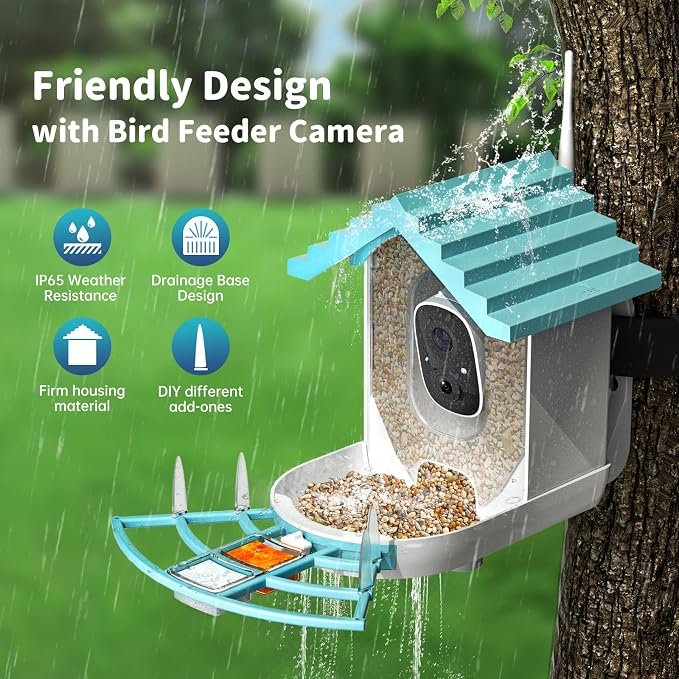 Smart Bird Feeder with Camera Solar Powered & AI Bi rd Identification, 2.4Ghz WiFi Bird feeders for Outdoors, 2K Live Video, Instant Arrival Alerts - Blue