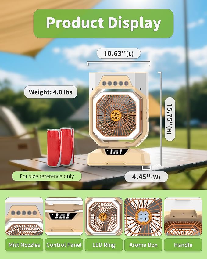 Weljoy Desk Fan 5 Sprayers Rechargeable Misting Fan for Camping & Home – 5 Speed Portable Cooling Fan with Mist 560ml Water Tank Aromatherapy Diffuser Timer 27000mAh Fast-Charging Battery(Biege)