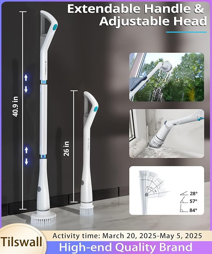 Tilswall Cordless Electric Spin Scrubber - Powered Shower & Tile Cleaning Brush with Detachable Handle, 2-Speed Modes & Extra Battery, for Bathroom Tub/Glass/Car Windows