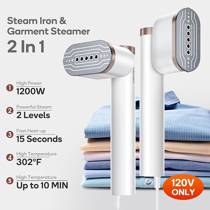 Newbealer Rotatable Steam Iron, 1200W Garment Wrinkle Remover, 120V | 302°F Steamer for Clothes, 2 Steam Levels, Horizontal and Vertical Steaming, Dry Ironing, 15s Heat Up, for Home/Hotel/Laundry
